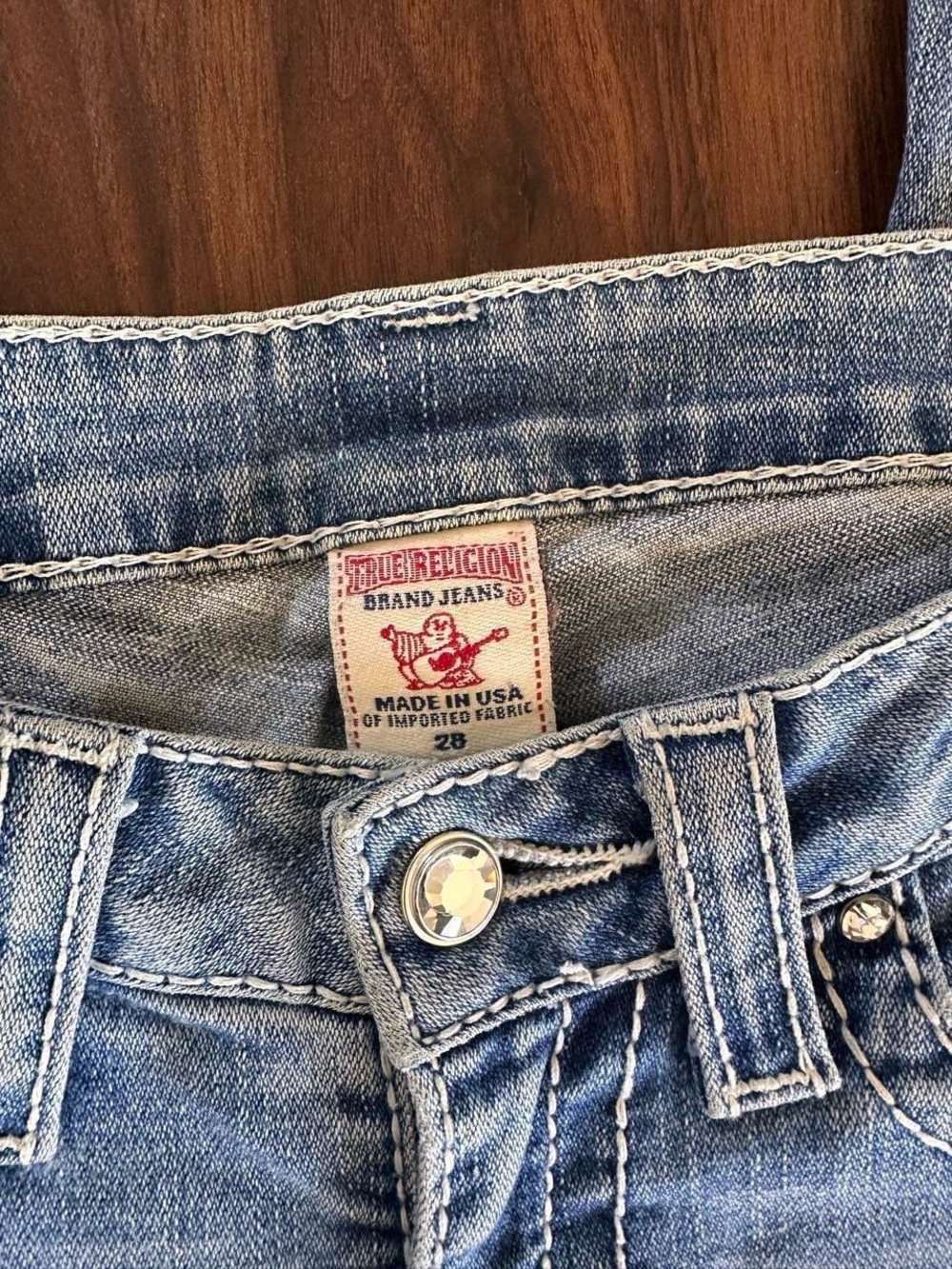 True Religion Light Blue Bootcut Jeans with Signature Back Pockets and Gemstones - Picture 3 of 6